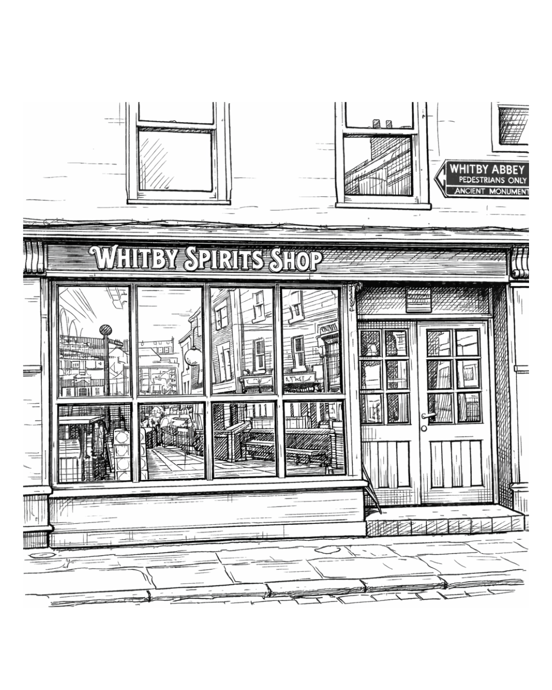 Illustration of a store front with 'Whitby Spirits Shop' sign