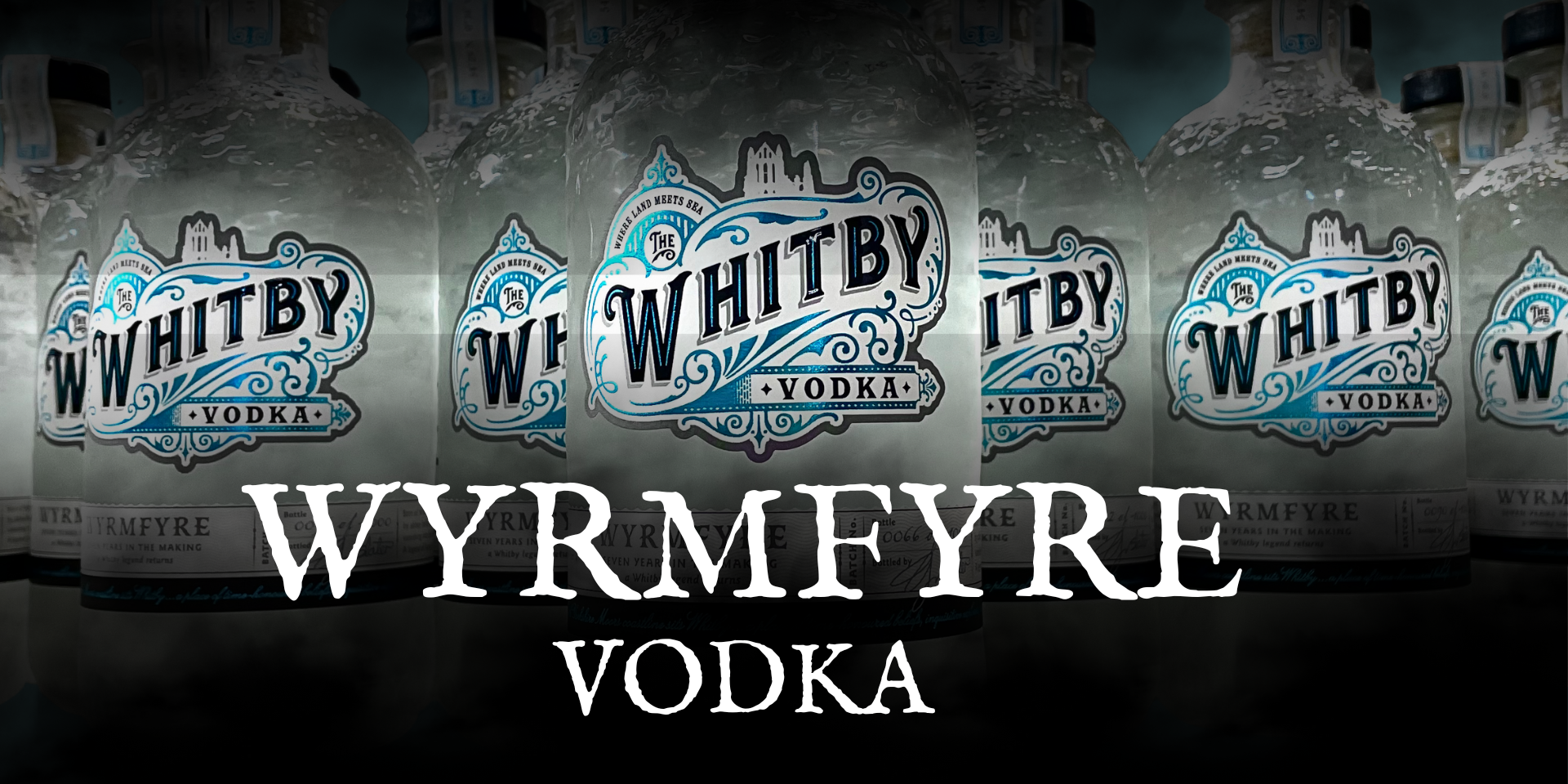 Row of Whitby Vodka bottles with Wyrmfyre Vodka branding.